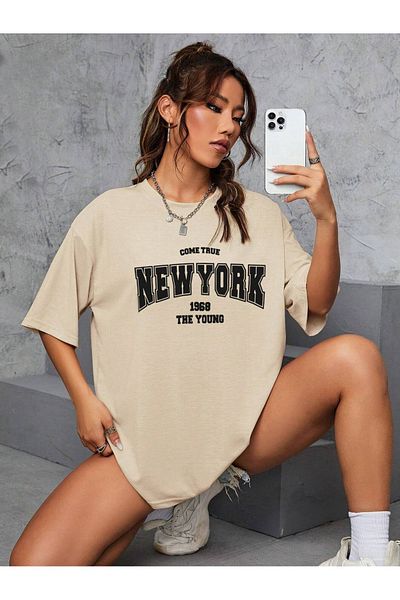 MODARİCH Tricou New York 1968 - Bej Imprimat Oversize Crew Gât cu mânecă scurtă Loose