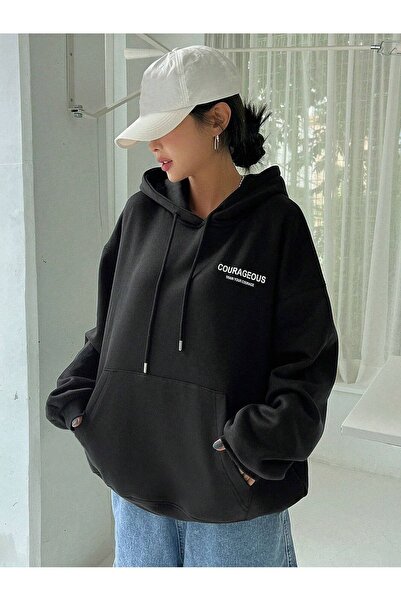 MODARİCH Star Pattern Sweatshirt - Black Printed Oversize Ribbon Hoodie