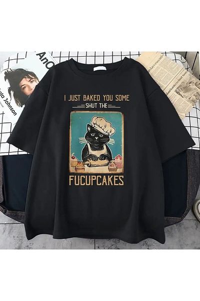 MODARİCH Μπλουζάκι Fucupcakes -μαύρο, εμπριμέ, λαιμόκοψη, εμπριμέ, κοντό μανίκι, Boyfriend, Loose