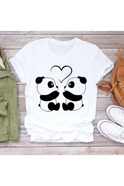 MODARİCH Λευκό μπλουζάκι με λαιμόκοψη Pandas Love Oversize - Κοντό μανίκι