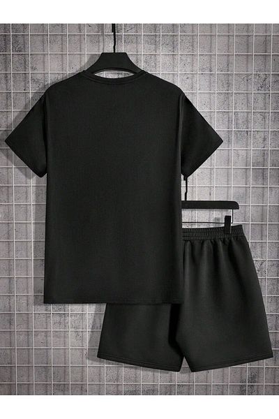 MODARİCH Great T-Shirt Shorts - Black Shorts T-Shirt Top Bottom Set Printed Crew Neck