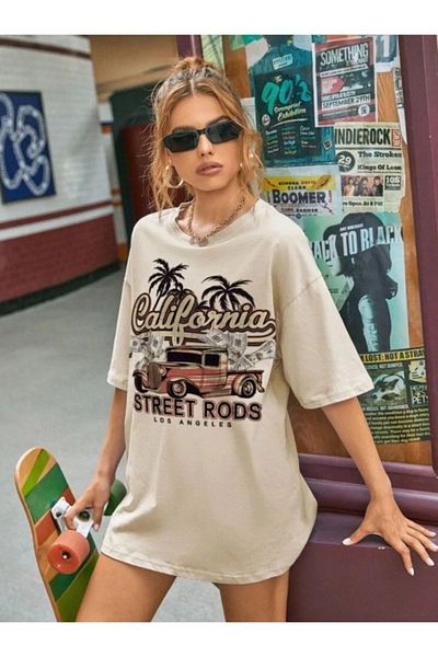 MODARİCH California Street Rods-βιζόν μπεζ, εμπριμέ, λαιμόκοψη, υπερμεγέθη, κοντό μανίκι, Boyfriend, Loose