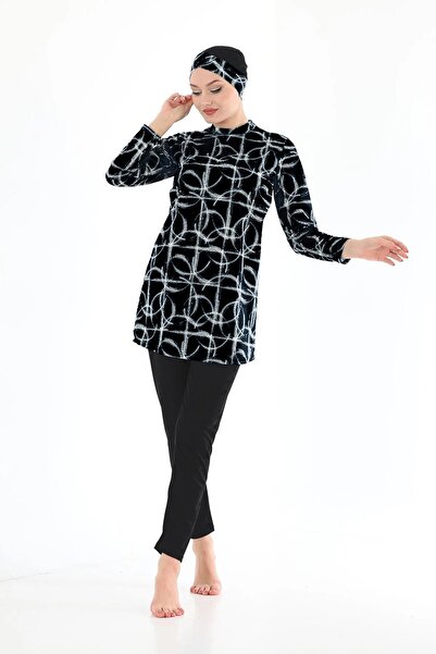 Asgard Tesettür Likralı Siyah Desenli Tam Kapalı Kadın Tesettür Mayo