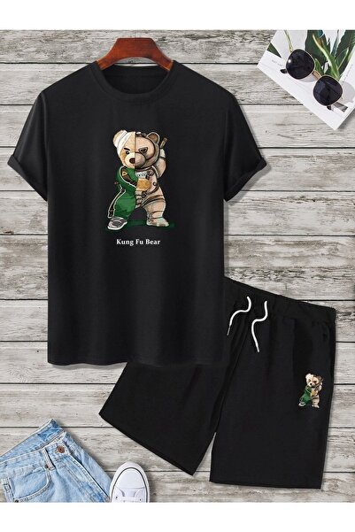 MODARİCH Kung Fu Bear T-shirt Shorts - Black T-Shirt with Shorts Top and Bottom Set Printed Oversize Crew Neck
