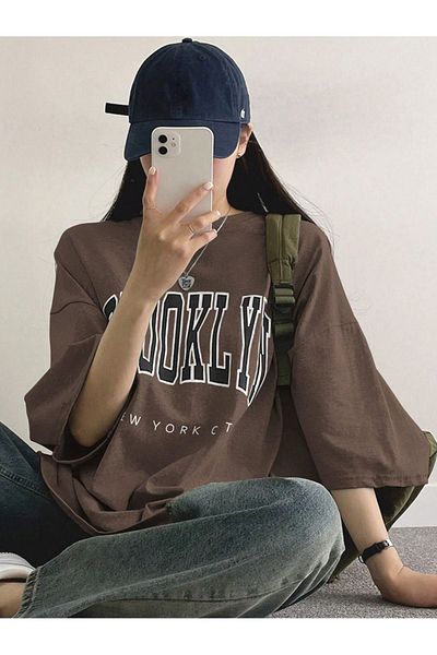 MODARİCH Μπλουζάκι Brooklyn City - Καφέ με στάμπα Oversize Crew λαιμόκοψη κοντό μανίκι