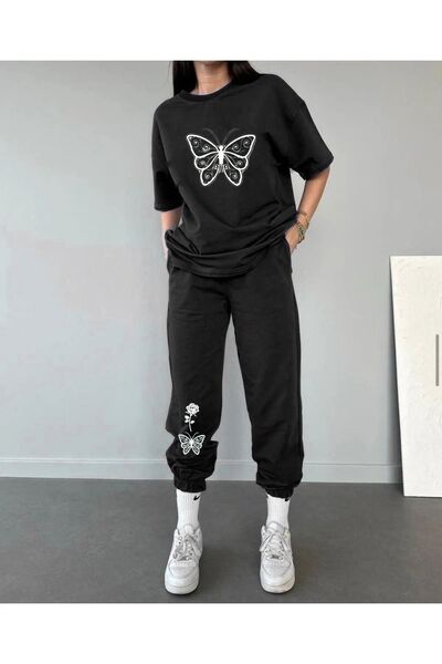 MODARİCH Black Butterfly Rose Jogger T-Shirt and Sweatpants Set - Oversize Cr...