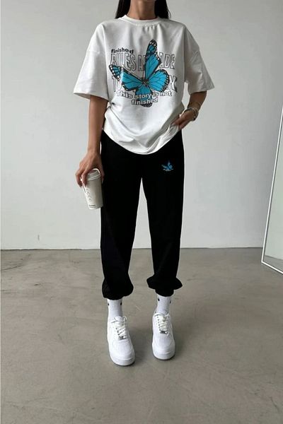 MODARİCH Κανόνες Butterfly White T-Shirt Μαύρο Φούτερ - Jogger T-Shirt Bottom Top Set Tracksuit Set Crew Neck
