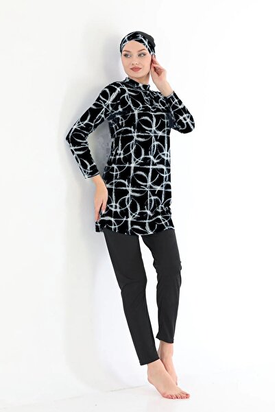 Asgard Tesettür Likralı Siyah Desenli Tam Kapalı Kadın Tesettür Mayo