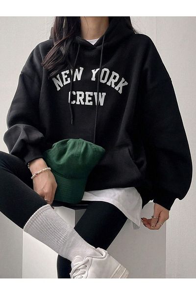 MODARİCH Hanorac negru oversize cu glugă cu imprimeu New York
