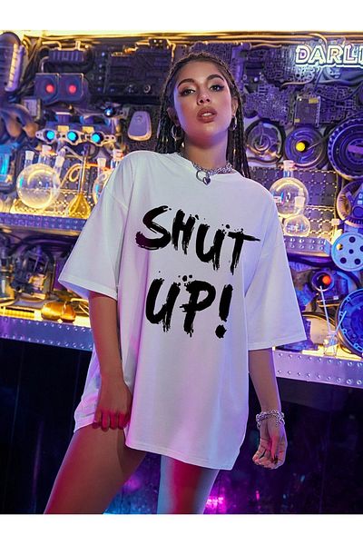 MODARİCH Shut Up T-Shirt - Λευκό εμπριμέ Oversize Crew λαιμόκοψη κοντό μανίκι