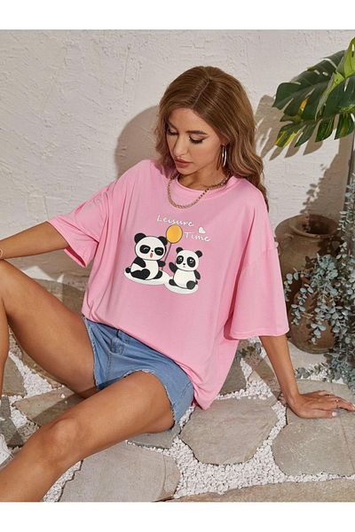 MODARİCH Μπλουζάκι Panda Balloon - Ροζ εμπριμέ Oversize Crew λαιμόκοψη κοντό μανίκι