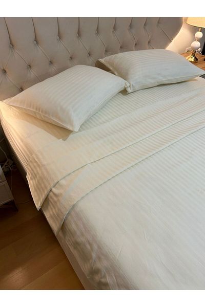 Zeren Home Σετ Παπλωματοθήκη Διπλό Ριγέ Βαμβακερό Σατέν - Κρέμα 4 τεμαχίων