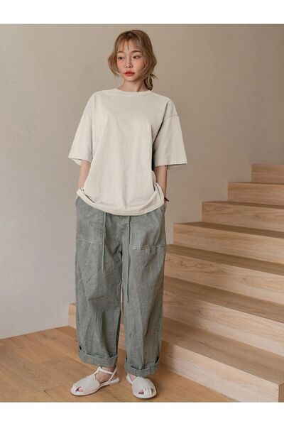 MODARİCH Μπλουζάκι Fructification - Μπεζ εμπριμέ με λαιμόκοψη κοντό μανίκι φαρδύ