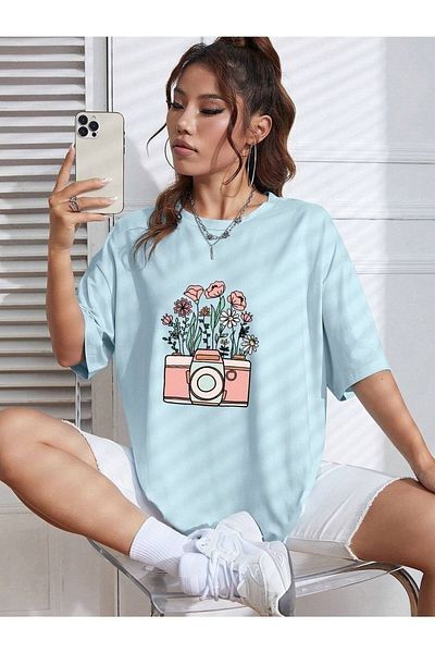 MODARİCH Tricou cu cameră florală - cu mânecă scurtă cu imprimeu albastru baby