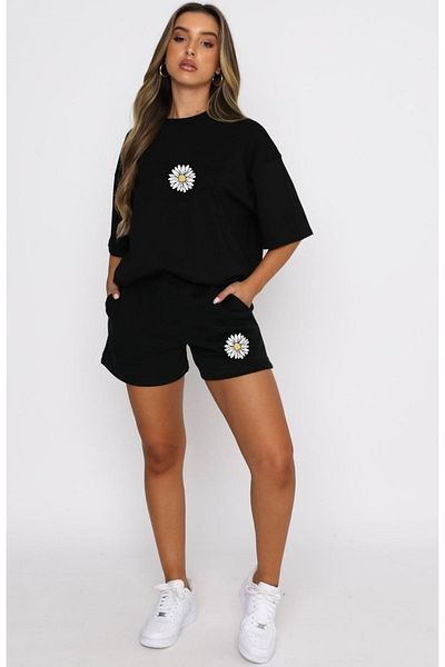 MODARİCH Daisy Pattern T-shirt Shorts - White Black T-Shirt with Shorts Top and Bottom Set Printed Oversize Crew Neck