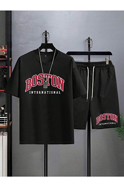 MODARİCH Boston International T-Shirt Shorts - Black T-Shirt with Shorts Top and Bottom Set Printed Oversize Crew Neck