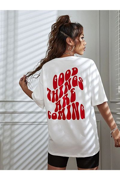 MODARİCH Μπλουζάκι Good Things - Λευκό, εμπριμέ, λαιμόκοψη, υπερμεγέθη, κοντό μανίκι, Boyfriend, Loose