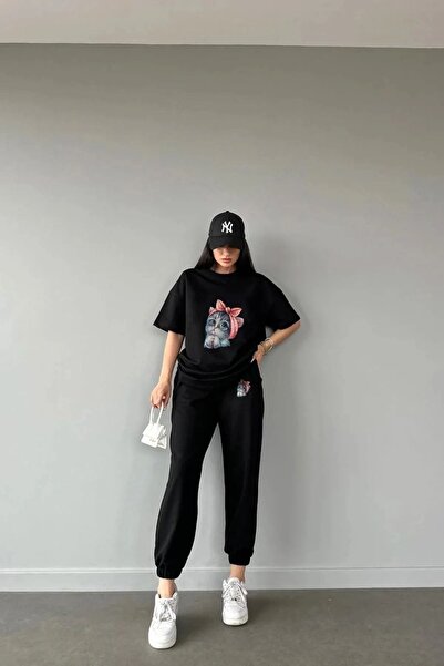 MODARİCH Cute Cat T-Shirt Sweatpants Jogger - Black Bottom Top Tracksuit Set Crew Neck