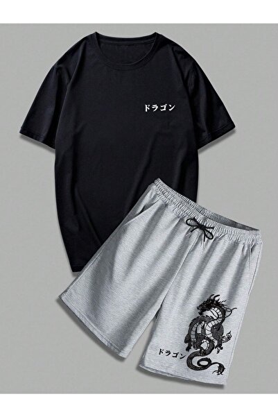 MODARİCH Dragon T-shirt Shorts - Black Gray Short T-Shirt Top and Bottom Set Printed Oversize Crew Neck