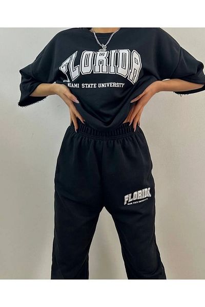 MODARİCH Florida Sweatpants T-shirt - Black Jogger T-Shirt Bottom Top Tracksuit Set Oversize Crew Neck