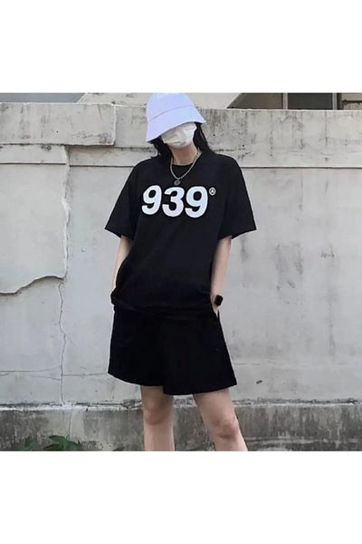 MODARİCH 939 T-shirt Combed Cotton Shorts - Black Bottom Top Set Printed Oversize Crew Neck