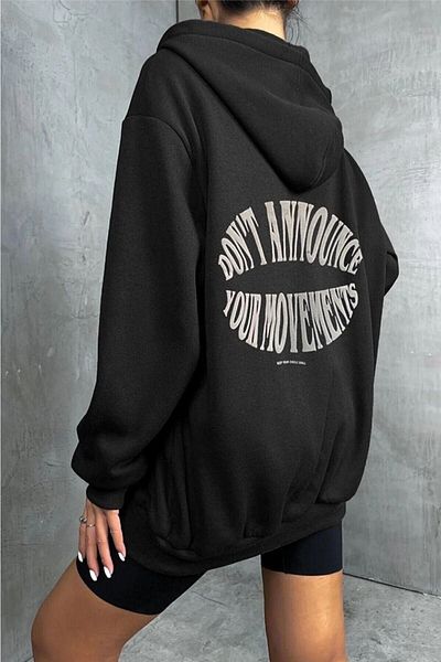 MODARİCH Dont Cardigan - Black Printed Winter Oversize Hooded Cardigan with Zipper Pocket Detail