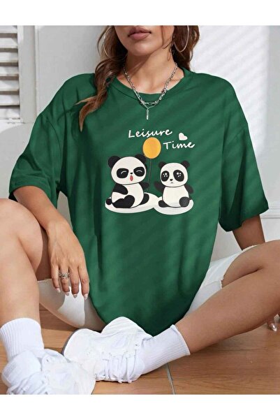 MODARİCH Panda Balloon T-Shirt - Nefti Green Printed Oversize Crew Neck Short...