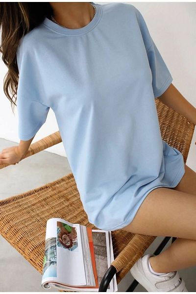 MODARİCH Tricou simplu - Baby Blue Oversize Crew Neck Maneca scurta