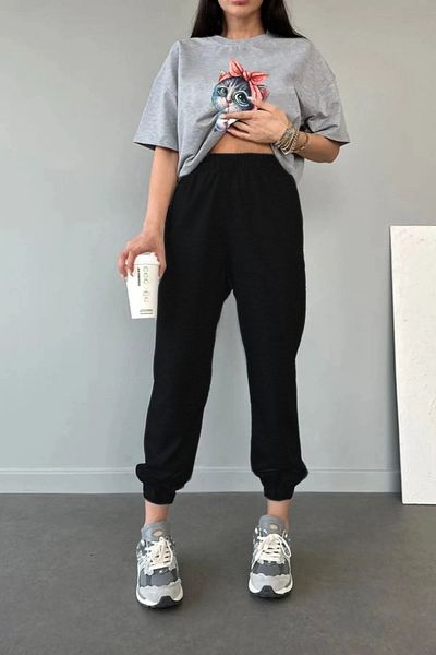 MODARİCH Γκρι Μαύρη Γάτα με στάμπα Oversize Σετ φόρμας Jogger - Crew Neck