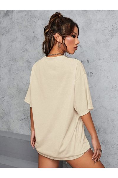 MODARİCH Tricou New York 1968 - Bej Imprimat Oversize Crew Gât cu mânecă scurtă Loose