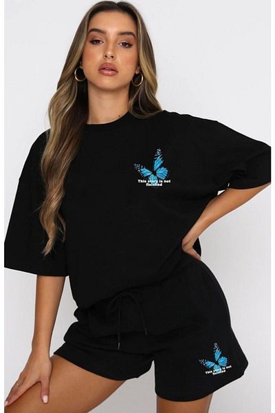 MODARİCH Blue Butterfly T-Shirt Shorts - Black T-Shirt with Shorts Top and Bottom Set Printed Oversize Crew Neck
