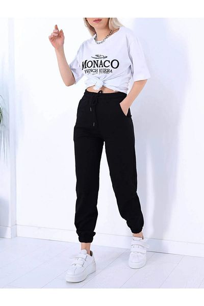 MODARİCH Monaco White T-shirt Μαύρο Φούτερ - Jogger T-Shirt Bottom Top Σετ φόρμας Oversize Crew Neck