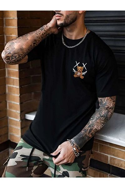 MODARİCH X Bear Back T-shirt -gray, Printed, Crew Neck, Printed, Short Sleeve, Boyfriend, Loose
