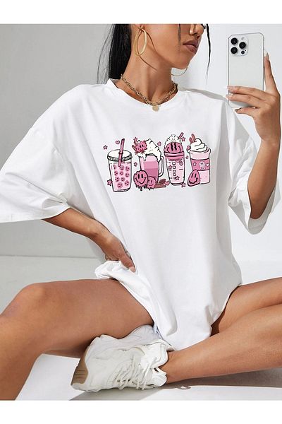 MODARİCH Emoji Cup T-shirt - white, Printed, Crew Neck, Printed, Short Sleeve, Boyfriend, Loose