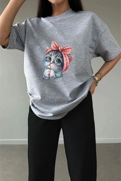 MODARİCH Γκρι Μαύρη Γάτα με στάμπα Oversize Σετ φόρμας Jogger - Crew Neck