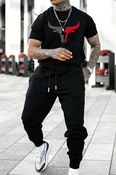 MODARİCH Σετ μπλουζάκι και φούτερ Jogger Black Bull Head - Oversize Crew Neck
