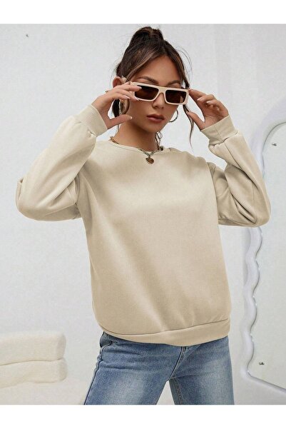MODARİCH Bej Kalın Sweatshirt - Oversize Şardonlu Bisiklet Yaka