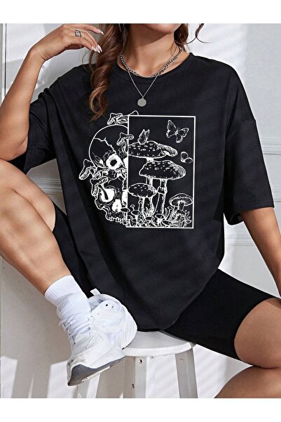 MODARİCH Tricou cu ciuperci cu craniu - imprimeu negru cu decolteu cu mânecă ...