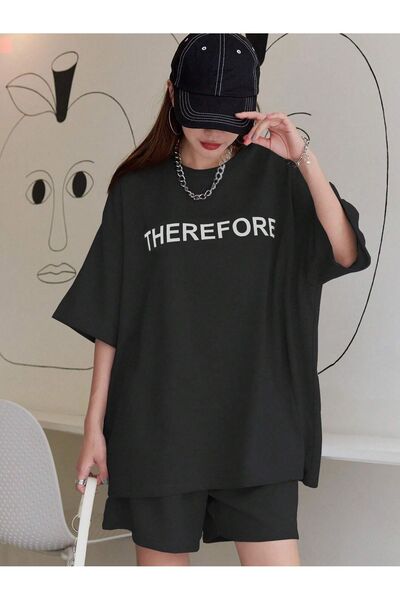 MODARİCH Tricou, pantaloni scurți din bumbac pieptănat - Set de sus cu fundul negru, cu imprimeu supradimensionat, cu gâtul turn