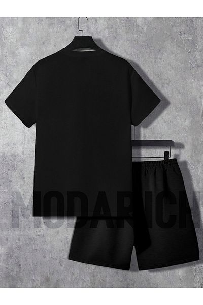 MODARİCH Brooklyn New York T-Shirt Shorts - Black Shorts T-Shirt Top Bottom Set Printed Crew Neck