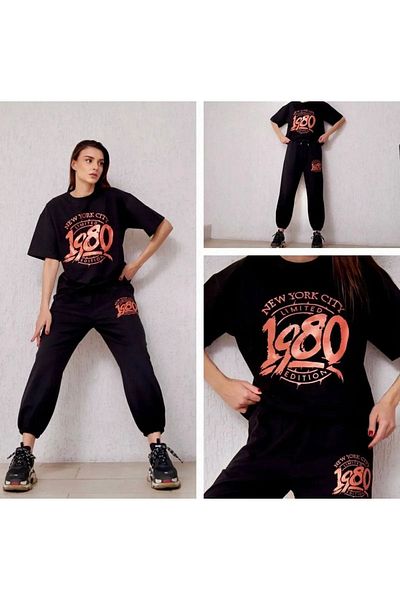 MODARİCH 1980 Sweatpants and T-shirt - Black Jogger T-Shirt Bottom Top Tracksuit Set Oversize Crew Neck