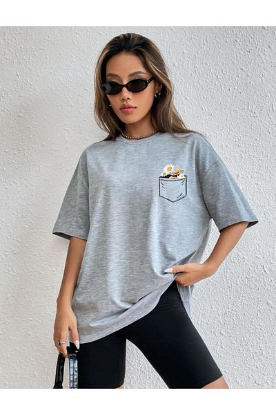 MODARİCH T-Shirt με σχέδιο λουλουδιών τσέπης - Γκρι εμπριμέ Oversize Crew λαιμόκοψη κοντό μανίκι φαρδύ
