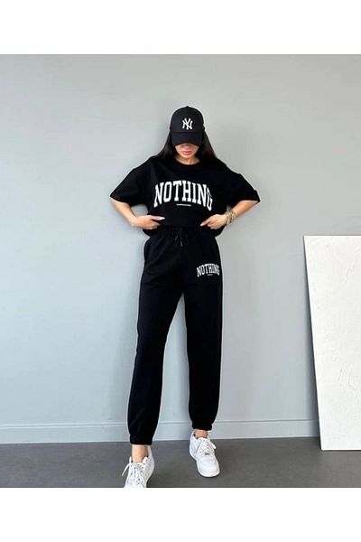 MODARİCH Nothing Sweatpants T-shirt - Black Jogger T-Shirt Bottom Top Tracksuit Set Crew Neck