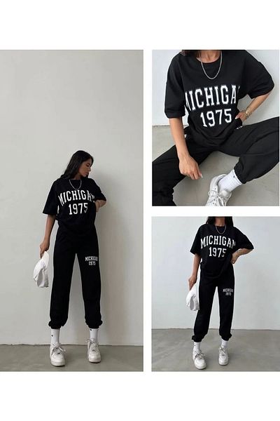 MODARİCH 1975 Sweatpants T-shirt - Black Jogger T-Shirt Bottom Top Tracksuit Set Crew Neck