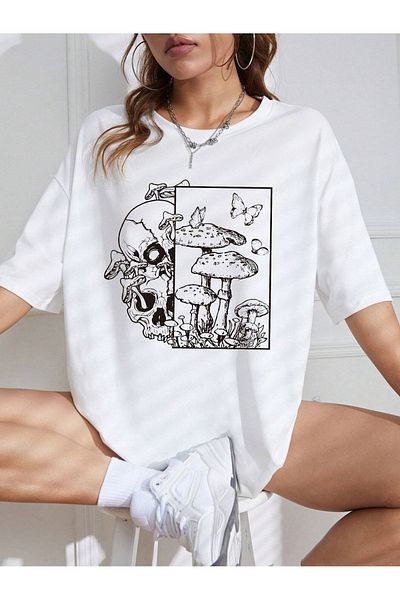 MODARİCH Μπλουζάκι Skull Mushroom - Λευκό εμπριμέ λαιμόκοψη κοντό μανίκι Loose