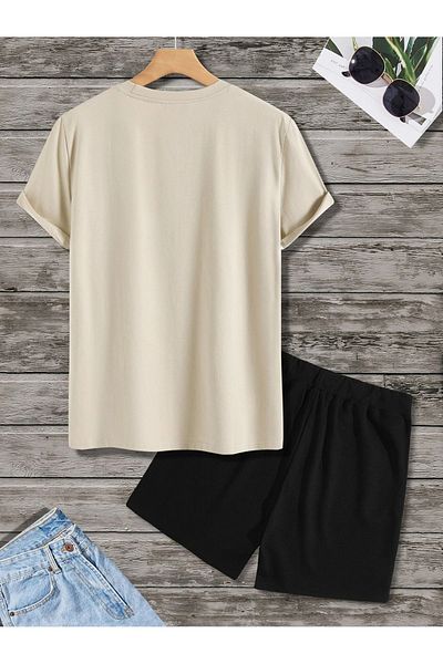 MODARİCH Minimal Bird T-Shirt Shorts - Beige Black Shorts T-Shirt Top and Bottom Set Printed Crew Neck