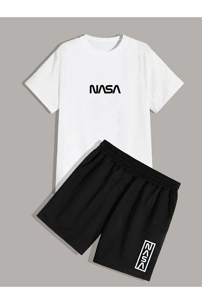 MODARİCH Nasa White T-shirt Black Shorts - T-Shirt with Shorts Top and Bottom Set Printed Oversize Crew Neck