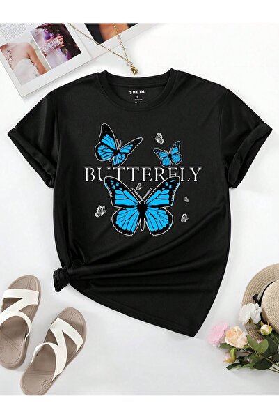 MODARİCH Μαύρο μπλουζάκι με στάμπα πεταλούδας - λαιμόκοψη, κοντό μανίκι