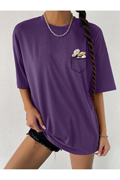MODARİCH T-Shirt με σχέδιο λουλουδιών τσέπης - Μωβ εμπριμέ Oversize Crew λαιμ...