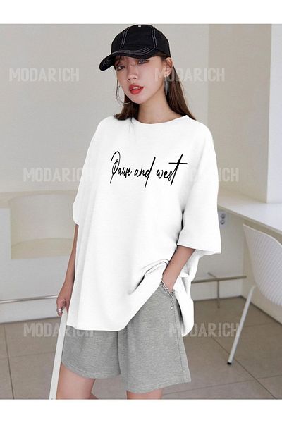 MODARİCH Μπλουζάκι Pause And West Βαμβακερό σορτς - Λευκό γκρι κάτω μέρος με στάμπα Oversize Crew Neck
